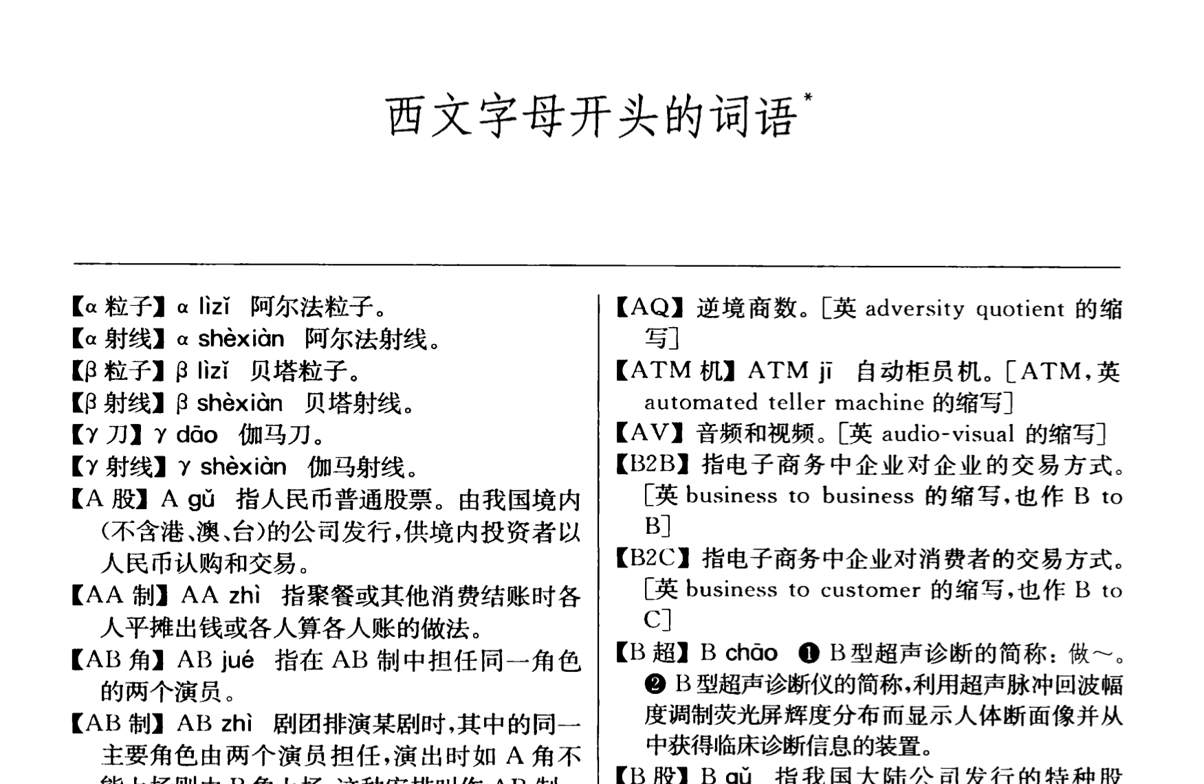 part of the letter word list in Contemporary Chinese Dictionary sixth edition